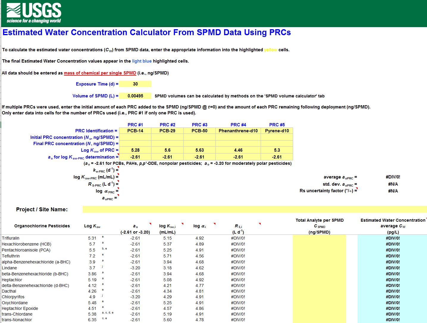 Estimated water concentration calculator from SPMD using PRCs U.S